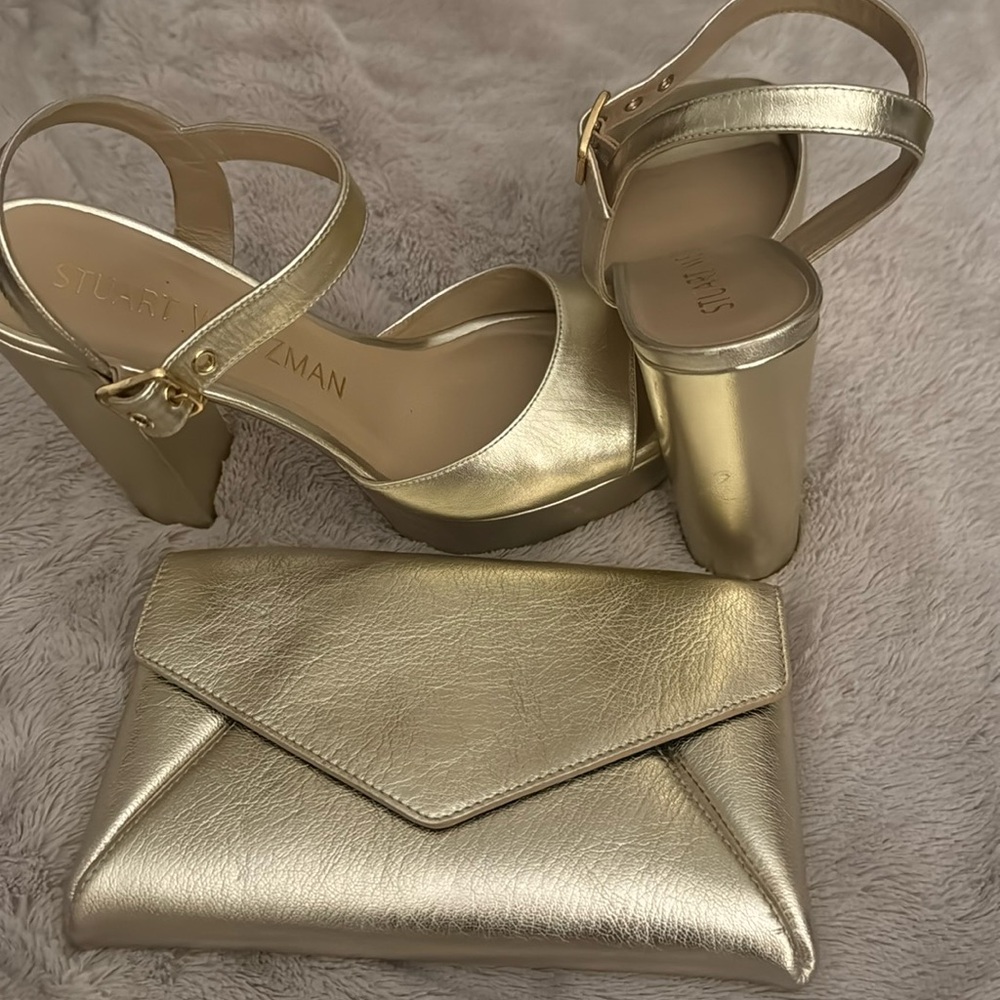 Stuart Weitzman Metallic Platform Heels & Matching Clutch – Versatile Elegance
